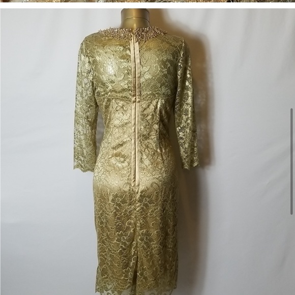 TERI JON GOLD LACE OVERLAY DRESS WITH BEADED NECKLINE - Picture 4 of 6